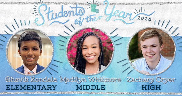 Students of the Year 2024 - Bhavik Kondala, Elementary, Madilyn Whitmore, Middle, Zachary Cryer, High