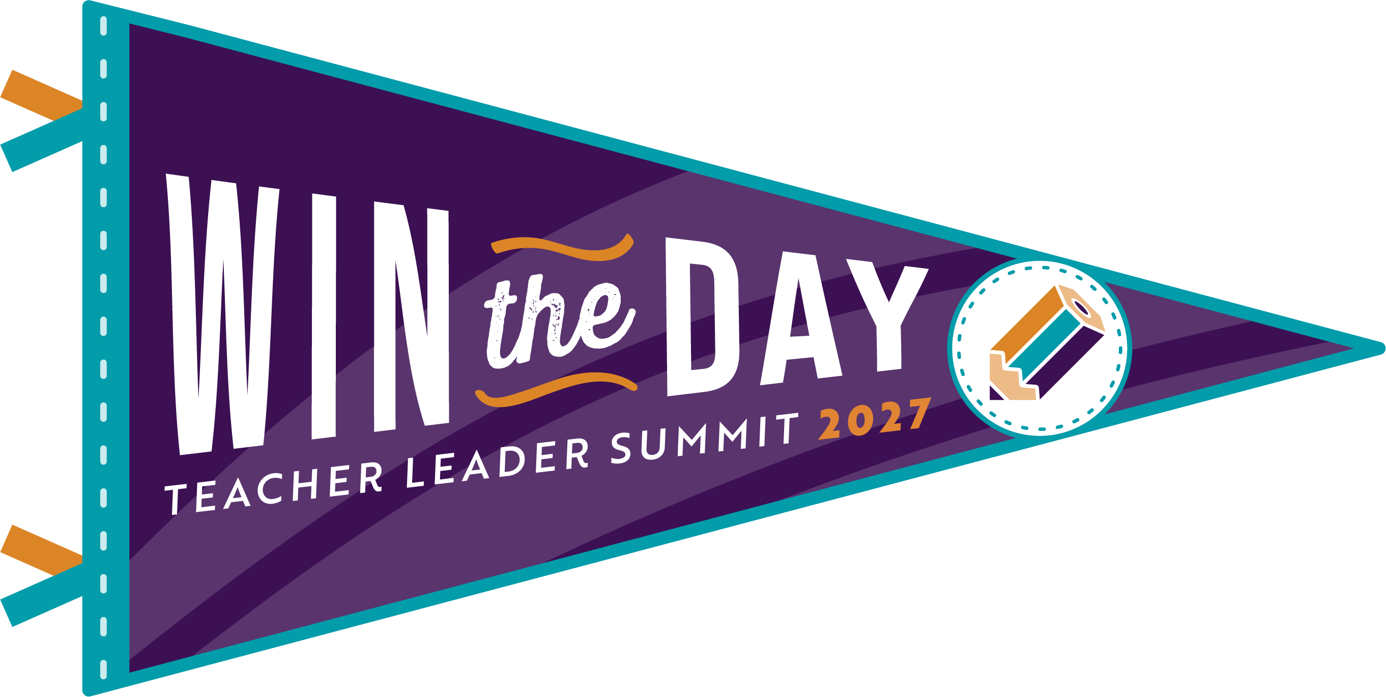 Teacher Leader Summit 2027 logo. A pennant with the words "Win the Day"