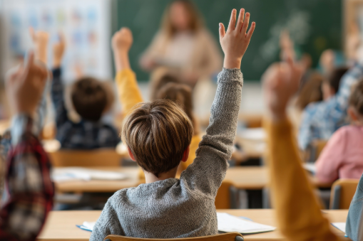 Elementary school student raising his hand